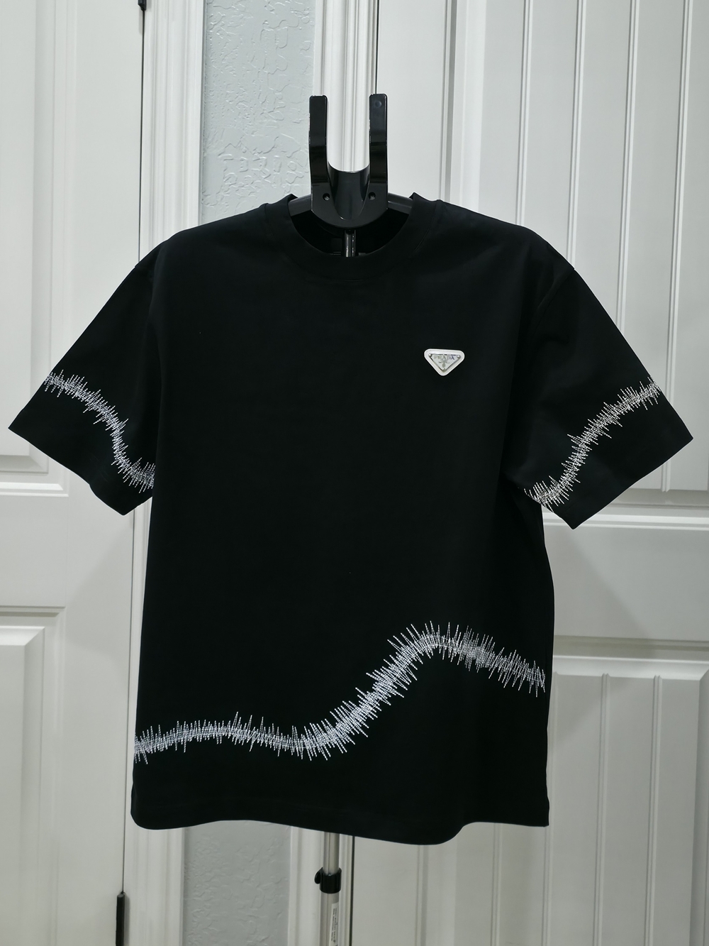 Prada Black Tee with White Wave Stitch Graphic